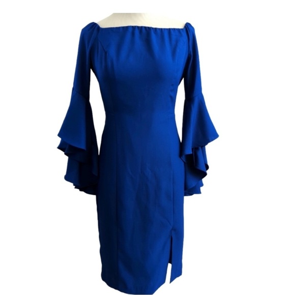 VENUS Womens Blue Dress Midi Off Shoulder Ruffle Sleeve Square Neckline Cocktail - Picture 3 of 16
